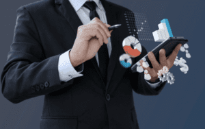 Business intelligence consulting expert reviewing BI data charts and analytics on a digital tablet.