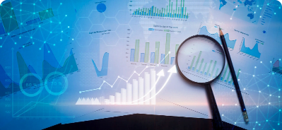 magnifying glass documents with analytics data lying table digital virtual reality graph
